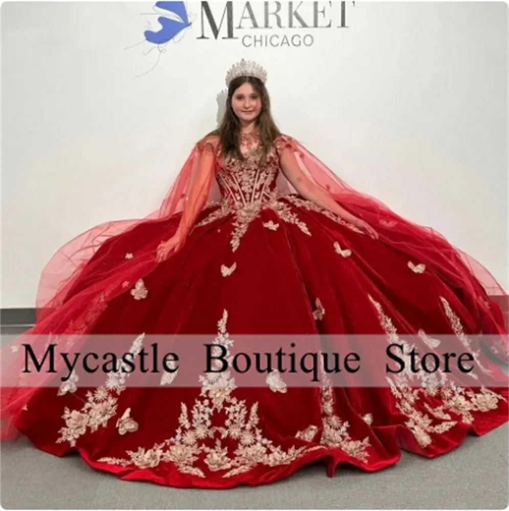 Luxury Red Velvet Quinceanera Dress Ball Gown 2025 With Cape Gold Lace Appliques Ruffles Sweet 16 15 Dress Customized
Luxury Red Velvet Quinceanera Dress Ball Gown 2025 With Cape Gold Lace Appliques Ruffles Sweet 16 15 Dress Customized