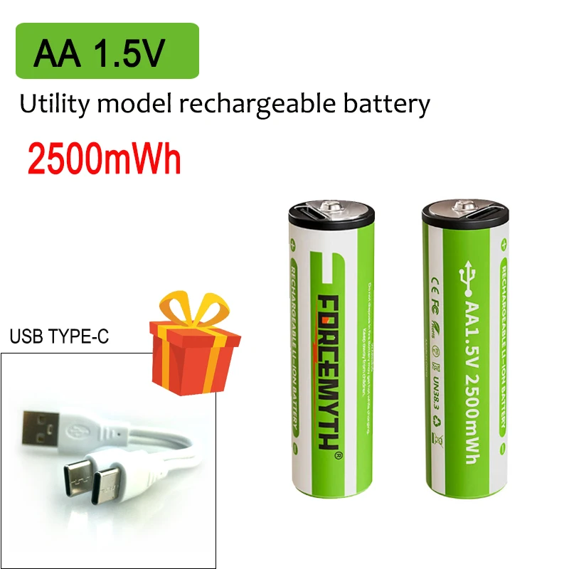 AA 1.5V 2500mWh Rechargeable Lithium Battery with 2 in 1 USB Charging Cable,Suit for Remote Control Mouse Small Fan Electric Toy
AA 1.5V 2500mWh Rechargeable Lithium Battery with 2 in 1 USB Charging Cable,Suit for Remote Control Mouse Small Fan Electric Toy