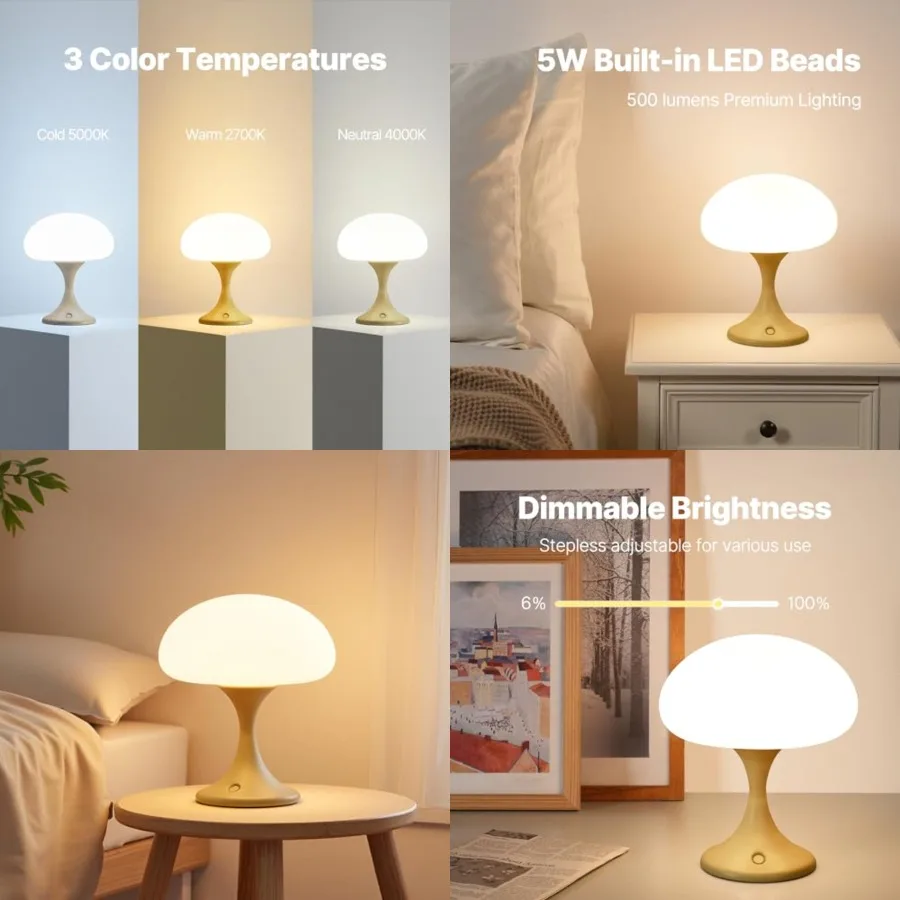 Mushroom Lamp, 5W LED Cordless Rechargeable Table Lamp with Glass Shade, Small Retro Dimmable Touch Light with 3 Color Temps, A
Mushroom Lamp, 5W LED Cordless Rechargeable Table Lamp with Glass Shade, Small Retro Dimmable Touch Light with 3 Color Temps, A