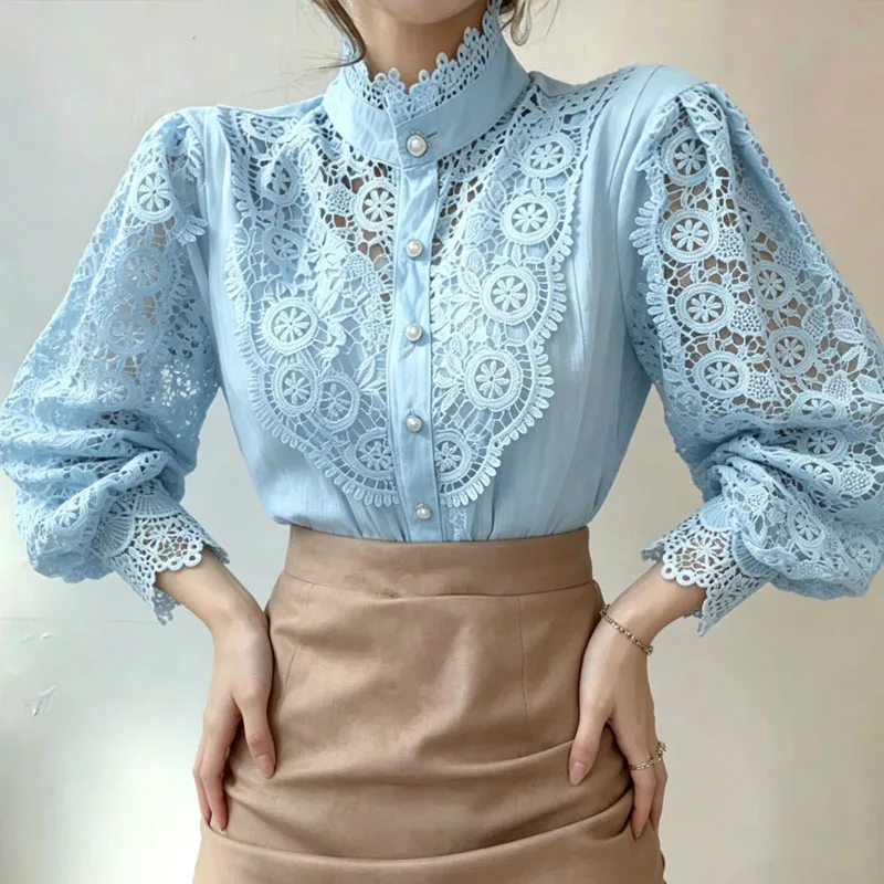Elegant Lace Cotton Shirt Loose Sweet Fashion Petal Long Sleeve Women Blouse Office Stand Collar Casual Ladies Hollow Out Top
Elegant Lace Cotton Shirt Loose Sweet Fashion Petal Long Sleeve Women Blouse Office Stand Collar Casual Ladies Hollow Out Top