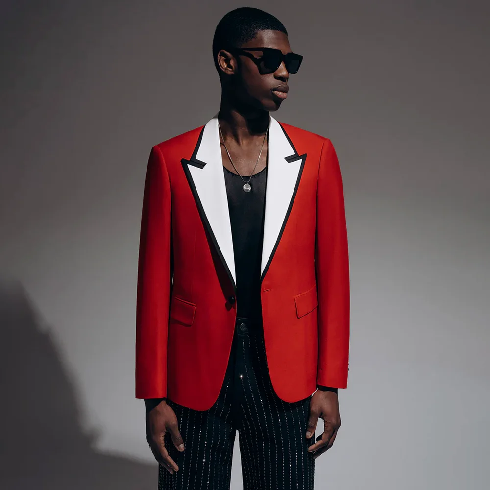 Luxury Men's Red Tuxedo Blazer Single Breasted White Lapel with Black Trim Formal Evening Party 1Piece Jacket Modern Male Outfit
Luxury Men's Red Tuxedo Blazer Single Breasted White Lapel with Black Trim Formal Evening Party 1Piece Jacket Modern Male Outfit