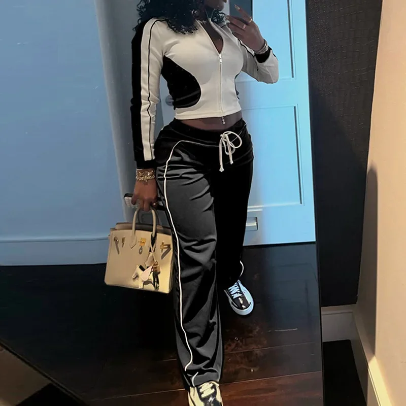 Women Patchwork Casual Sporty 2 Piece Set Long Sleeve Zipper Jacket Crop Tops + Drawstring Straight Pants Jogger Tracksuits
Women Patchwork Casual Sporty 2 Piece Set Long Sleeve Zipper Jacket Crop Tops + Drawstring Straight Pants Jogger Tracksuits