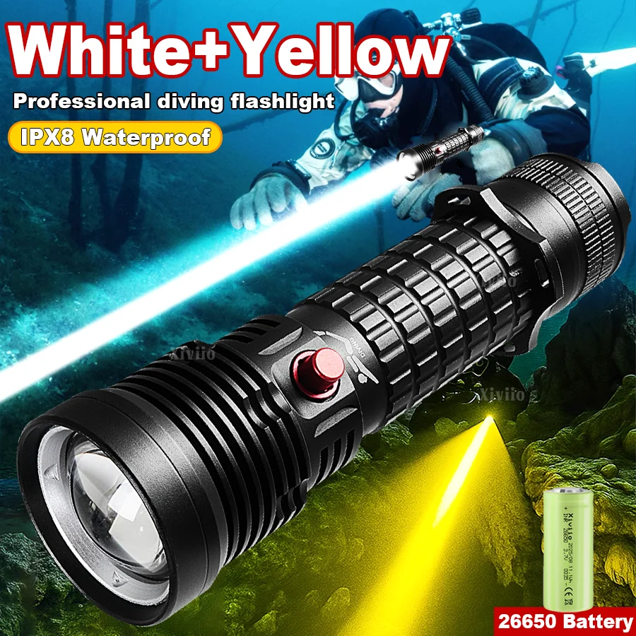 Professional LED Diving Flashlight White+Yellow Dual Light Underwater Torch IPX8 Waterproof 26650 Battery for Scuba Spearfishing
Professional LED Diving Flashlight White+Yellow Dual Light Underwater Torch IPX8 Waterproof 26650 Battery for Scuba Spearfishing