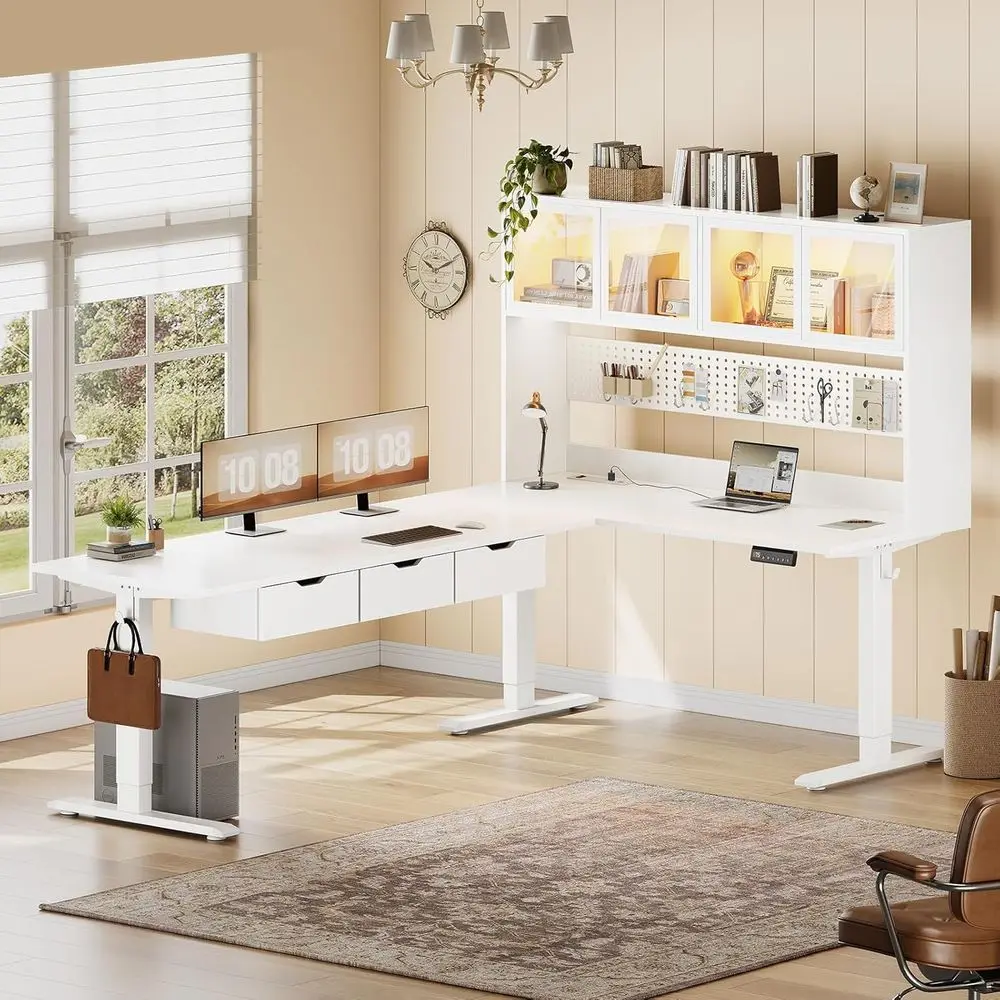 White L-Shaped Gaming and Office Desk with Storage, Standing Desk, Pegboard, LED Lights
White L-Shaped Gaming and Office Desk with Storage, Standing Desk, Pegboard, LED Lights