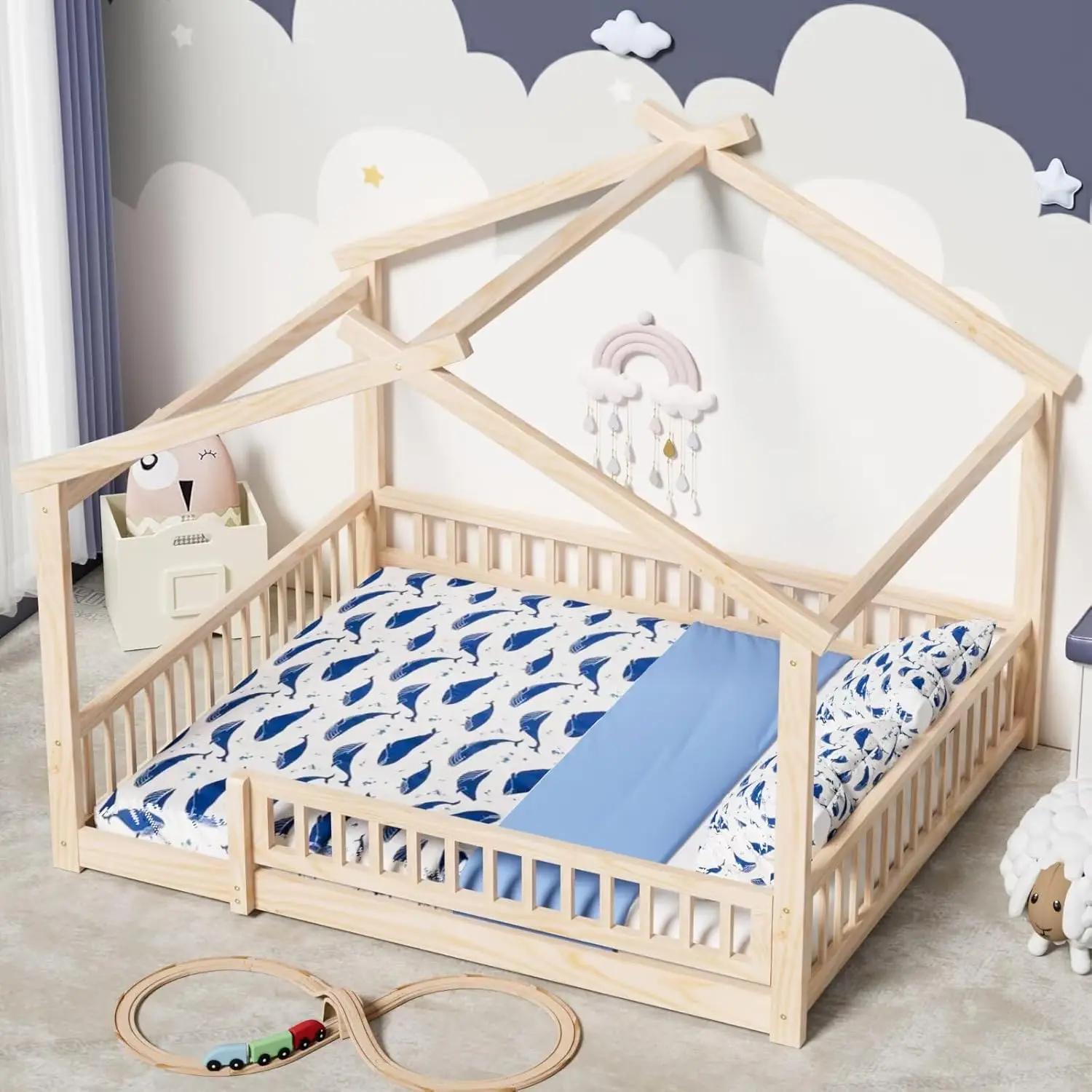 Queen House Floor Bed Frame with Fence, Wooden Montessori Playhouse Bed with Slats Support for Boys Girls, Natural, Customized
Queen House Floor Bed Frame with Fence, Wooden Montessori Playhouse Bed with Slats Support for Boys Girls, Natural, Customized