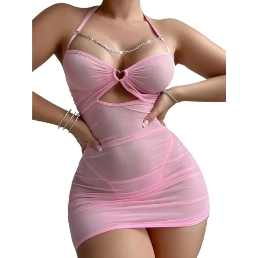 PITINAN Sexy Chain Sheer Mesh Ruched Bodycon Mini Night Out Club Dress with Thong 2 Pcs Outfits
PITINAN Sexy Chain Sheer Mesh Ruched Bodycon Mini Night Out Club Dress with Thong 2 Pcs Outfits