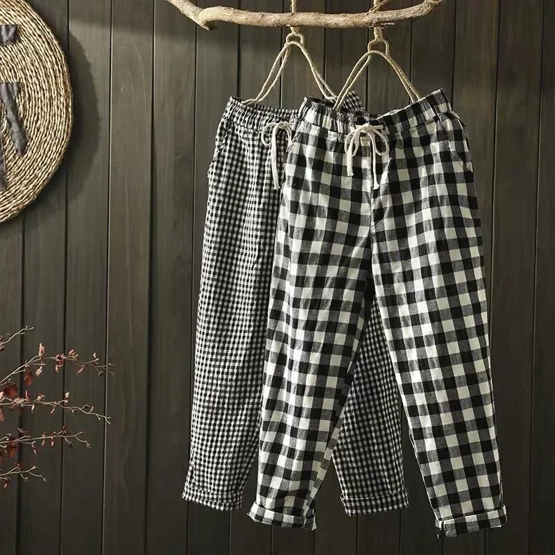 Summer Plaid Pants Women's Harem Pants Capris Drawstring Waist Large Size Casual Loose Cotton Linen Trousers Women S131
Summer Plaid Pants Women's Harem Pants Capris Drawstring Waist Large Size Casual Loose Cotton Linen Trousers Women S131