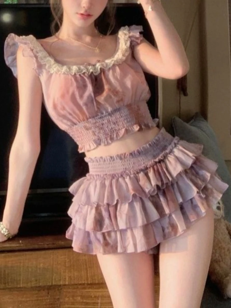 French Floral Chiffon Off Shoulder Lace Ruffle Smocked 2 Piece Set Women Lavender Tiered Mini Skirt Vacation Daily Party Outfit
French Floral Chiffon Off Shoulder Lace Ruffle Smocked 2 Piece Set Women Lavender Tiered Mini Skirt Vacation Daily Party Outfit