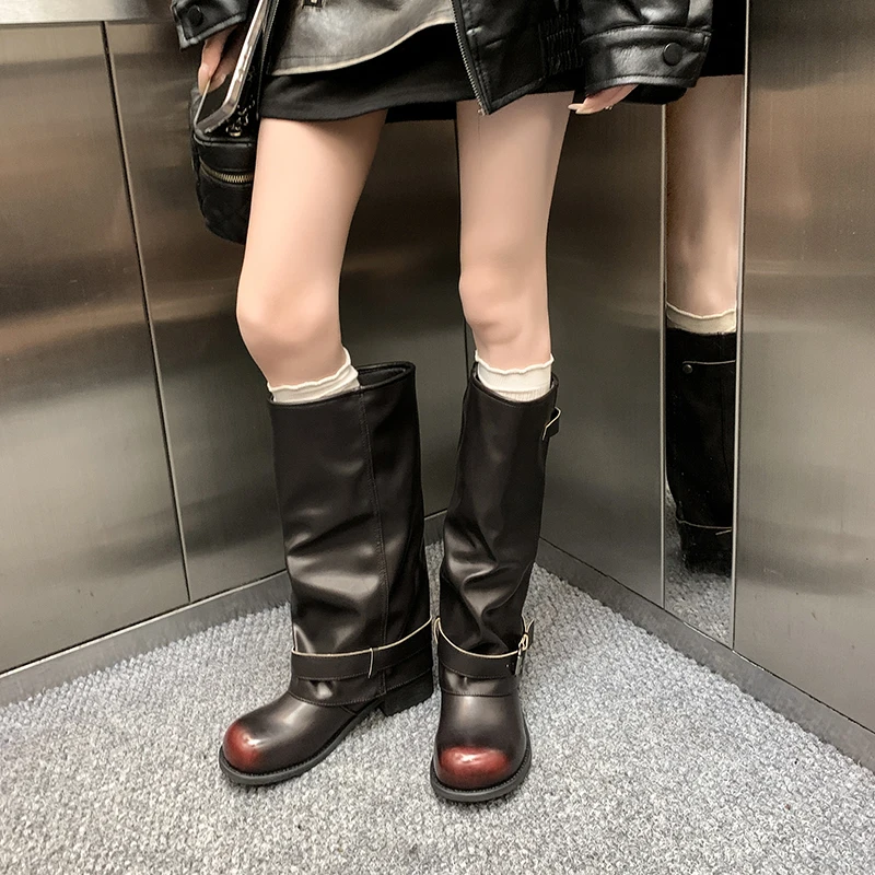 Women Chelsea Western Boots Winter Designer Trendy Pu Leather Shoes Woman Low Heels Knee High Motorcycle Round-toed Boots Women 
Women Chelsea Western Boots Winter Designer Trendy Pu Leather Shoes Woman Low Heels Knee High Motorcycle Round-toed Boots Women