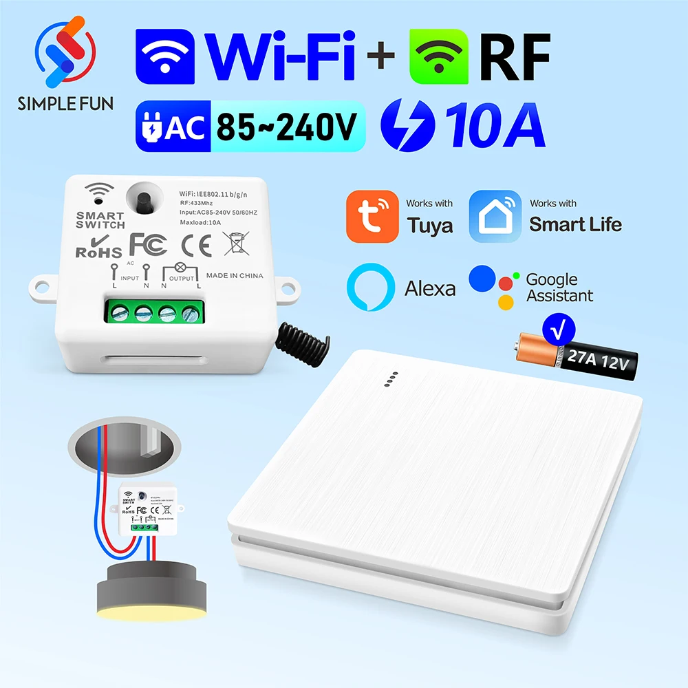 WiFi RF Smart Light Switch Tuya,433Mhz Wireless Wall Switch,APP/Voice Control,110V 220V Mini Module,work with Alex Google Home
WiFi RF Smart Light Switch Tuya,433Mhz Wireless Wall Switch,APP/Voice Control,110V 220V Mini Module,work with Alex Google Home