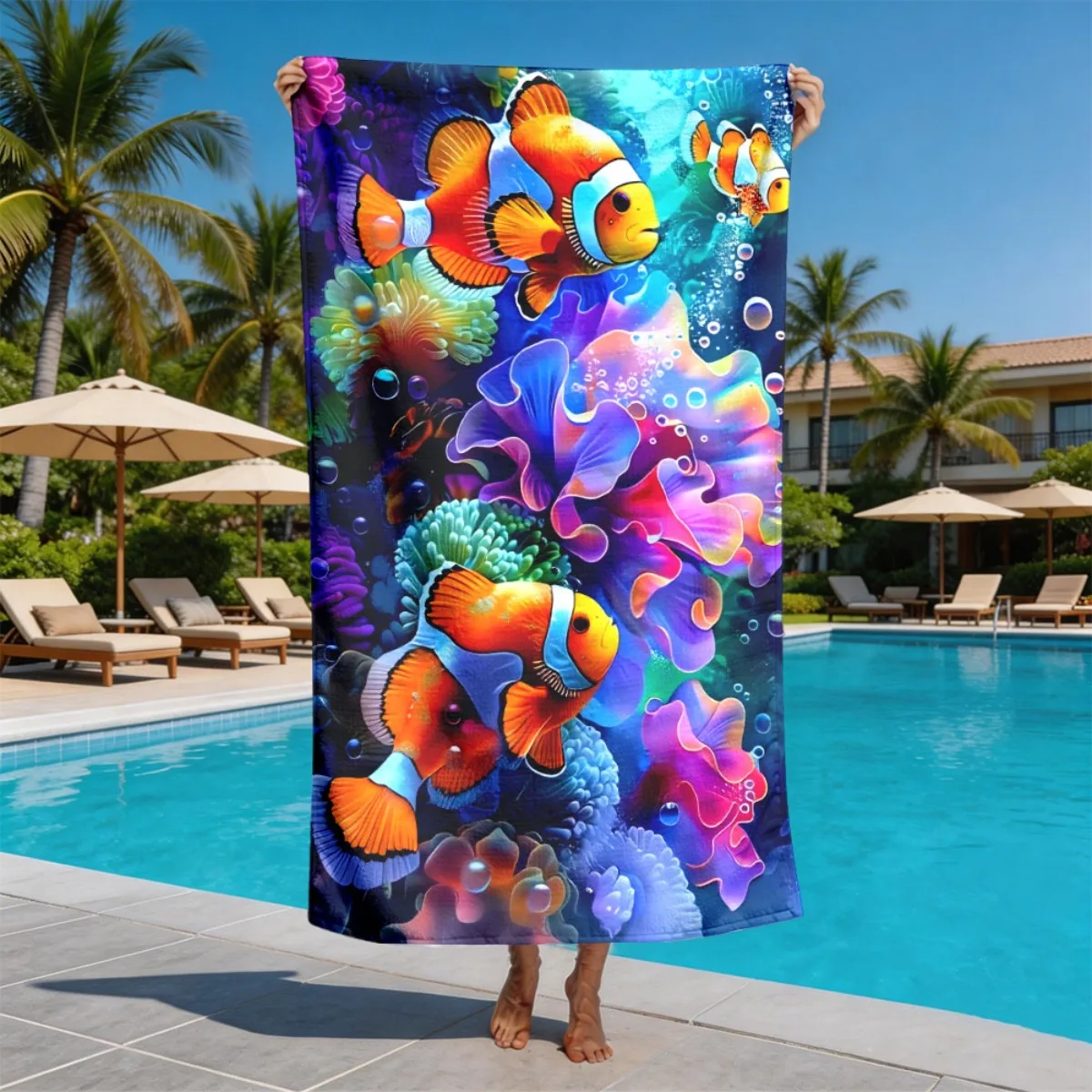 Watercolor Clownfish and Coral Reefs polyester microfiber beach towel is highly absorbent, suitable swimming and beach outings
Watercolor Clownfish and Coral Reefs polyester microfiber beach towel is highly absorbent, suitable swimming and beach outings
