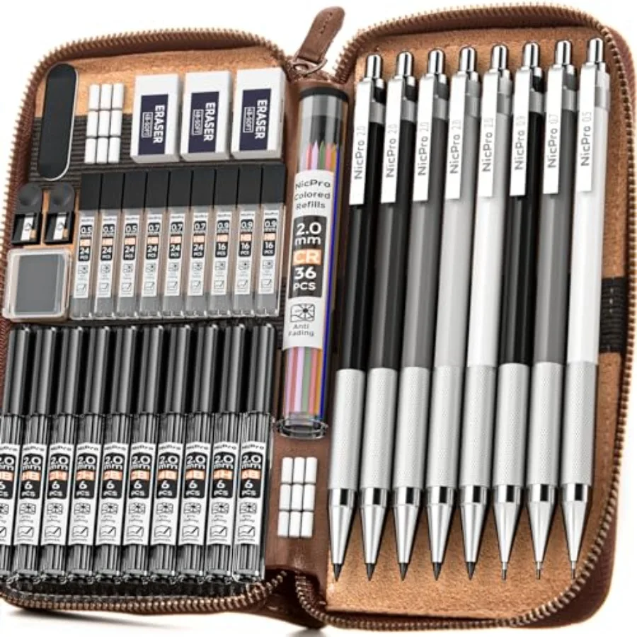 Art Mechanical Pencils Set in Leather Case 3 PCS Metal Drafting Pencil 0.5 0.7 0.9 mm and 5 PCS 2mm Lead Holder 6B 4B 2B HB 2H
Art Mechanical Pencils Set in Leather Case 3 PCS Metal Drafting Pencil 0.5 0.7 0.9 mm and 5 PCS 2mm Lead Holder 6B 4B 2B HB 2H