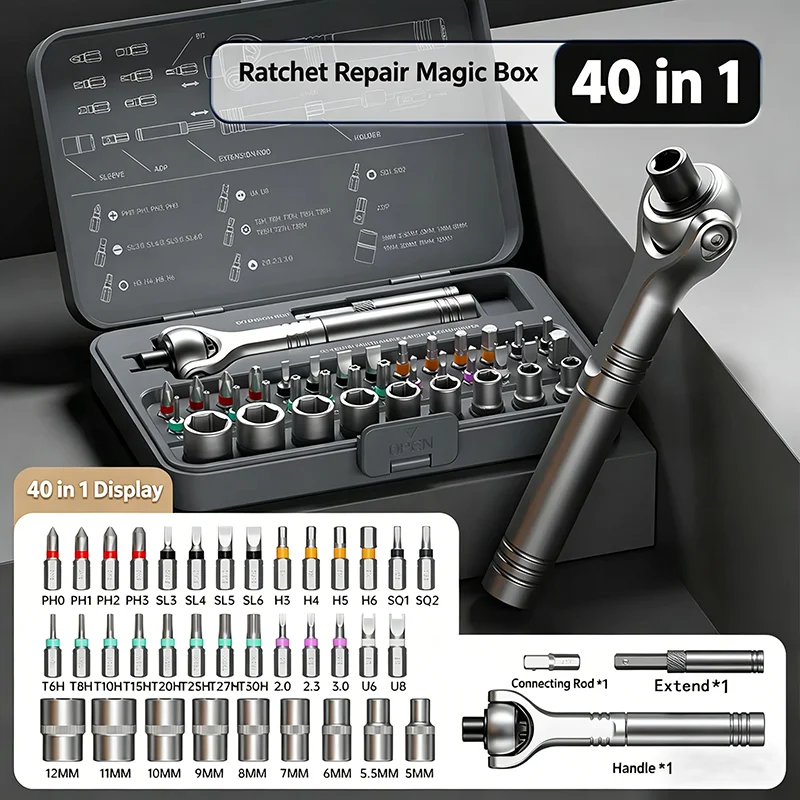 40 In 1 Multi-purpose Ratchet Wrench Screwdriver Set Socket Drive Standard Ratchet Wrench Household Repair Tool Precision
40 In 1 Multi-purpose Ratchet Wrench Screwdriver Set Socket Drive Standard Ratchet Wrench Household Repair Tool Precision