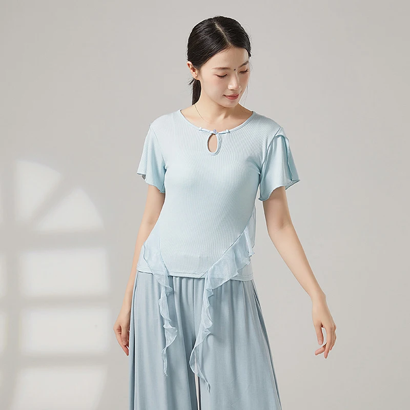 Women Classical Dance Top Cheongsam Crew Collar Short Sleeve Shirt Spliced Chiffon Flowy Hem Hanfu Tee Stage Performance Costume
Women Classical Dance Top Cheongsam Crew Collar Short Sleeve Shirt Spliced Chiffon Flowy Hem Hanfu Tee Stage Performance Costume