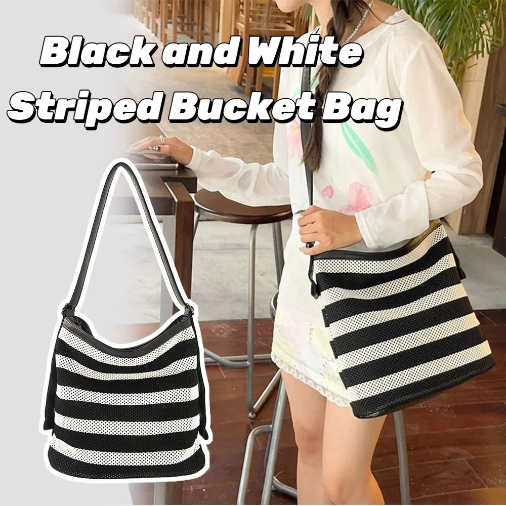 Korean Style Black and White Striped Bucket Bag Large Capacity Lazy Style Woven Shoulder Bag Zipper Beach Handbag
Korean Style Black and White Striped Bucket Bag Large Capacity Lazy Style Woven Shoulder Bag Zipper Beach Handbag
