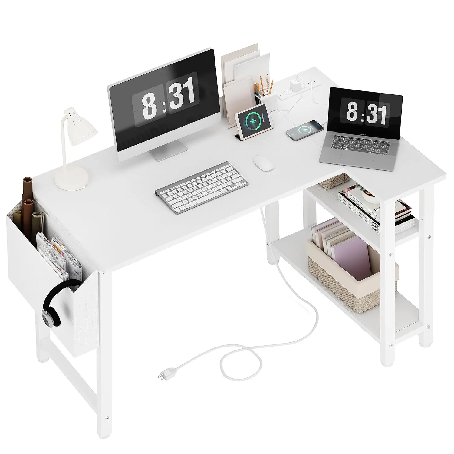 White L-Shaped Computer Desk with Power Outlet & Shelves, 40in Reversible Corner for Small Home Office, Customized
White L-Shaped Computer Desk with Power Outlet & Shelves, 40in Reversible Corner for Small Home Office, Customized