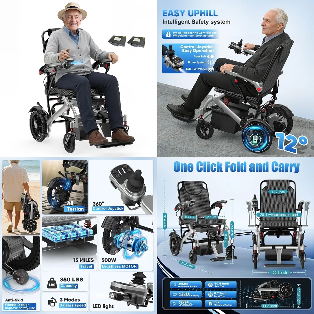 Wheelchair for Adults, 36LBS Lightweight Electric Wheelchairs, 500W Brushless Motor Power Wheelchair, Foldable Motorized Wheelc
Wheelchair for Adults, 36LBS Lightweight Electric Wheelchairs, 500W Brushless Motor Power Wheelchair, Foldable Motorized Wheelc