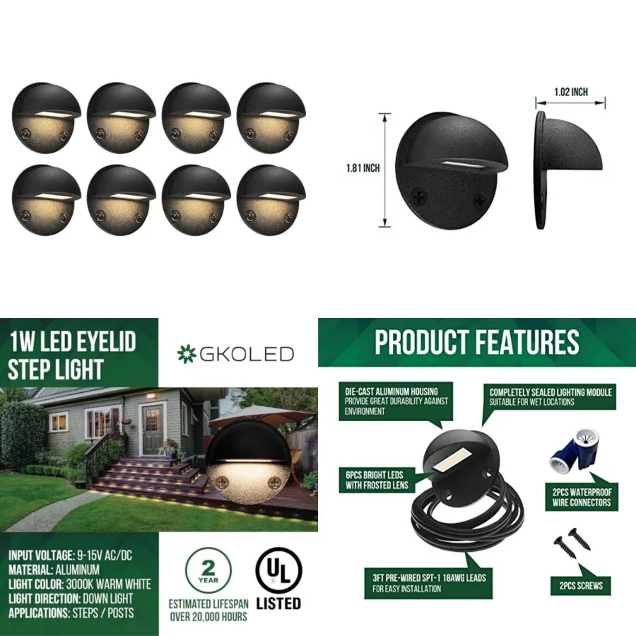 Low Voltage LED Deck Lights, Eyelid Step Lights with 0.8W Integrated LED Chips, IP65+ Rated Waterproof for Outdoor, 3000K, Die-
Low Voltage LED Deck Lights, Eyelid Step Lights with 0.8W Integrated LED Chips, IP65+ Rated Waterproof for Outdoor, 3000K, Die-