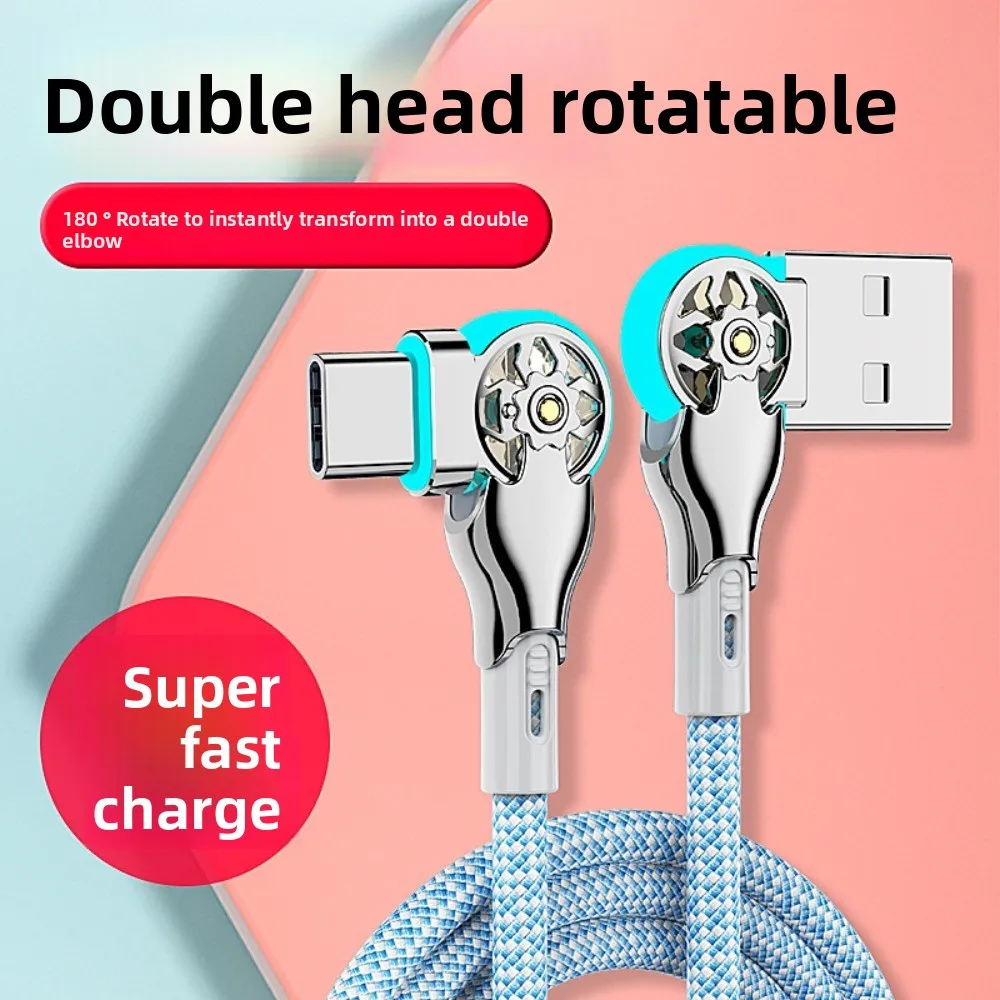 Double Bend 180 Degree Data Cable 66W Fast Charging Rotation Phone Charging Cable Weaving Shell 2M Elbow Data Line Smartphone