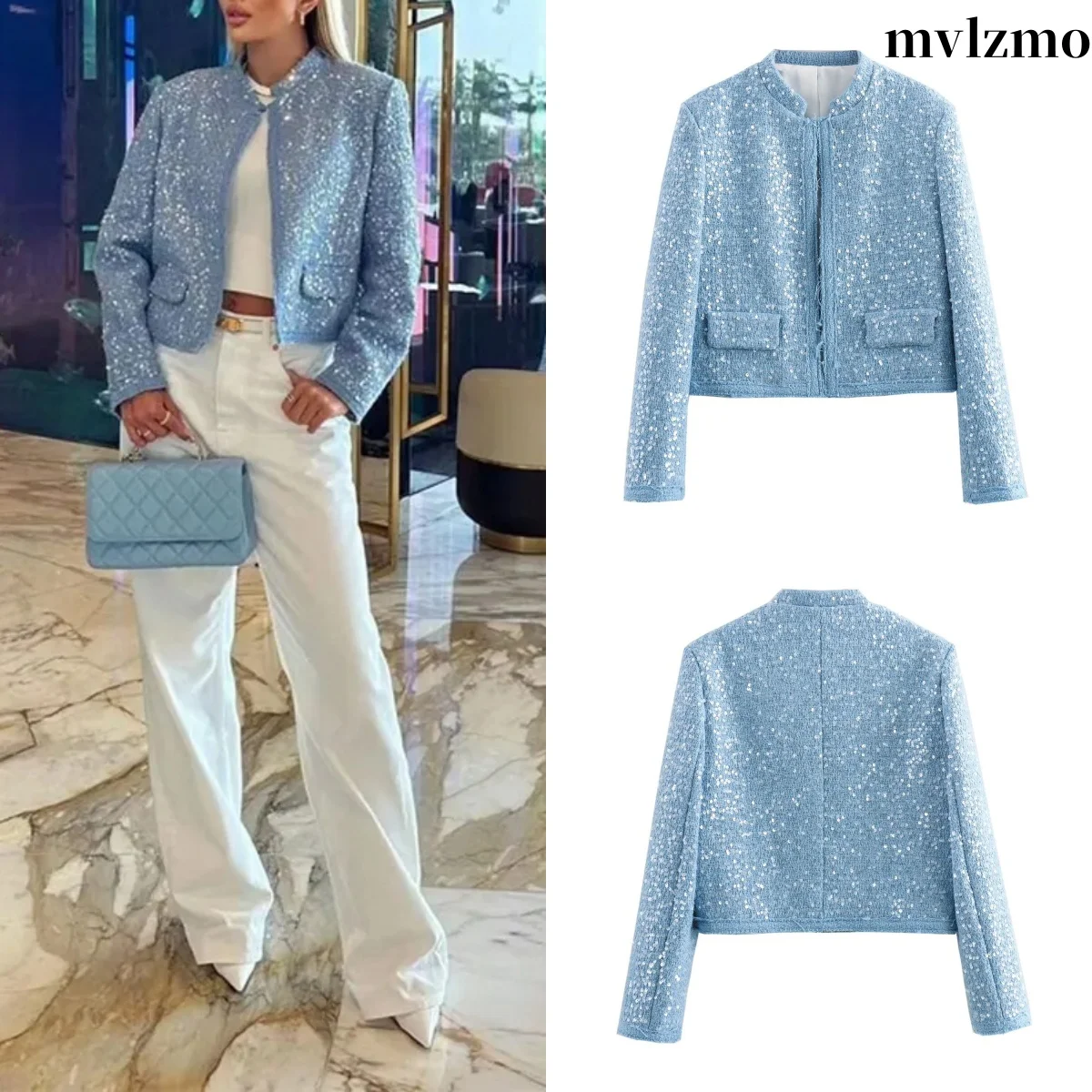 Women's Street Shoot Short Jacket Women's Spring New Fashion Jacket Silver O Neck Long Sleeve Fake Pocket Sequin Decoration
Women's Street Shoot Short Jacket Women's Spring New Fashion Jacket Silver O Neck Long Sleeve Fake Pocket Sequin Decoration