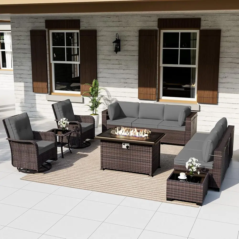 11-Piece Grey Wicker Rattan Patio Furniture Set with Swivel Chairs and Fire Pit Table
11-Piece Grey Wicker Rattan Patio Furniture Set with Swivel Chairs and Fire Pit Table
