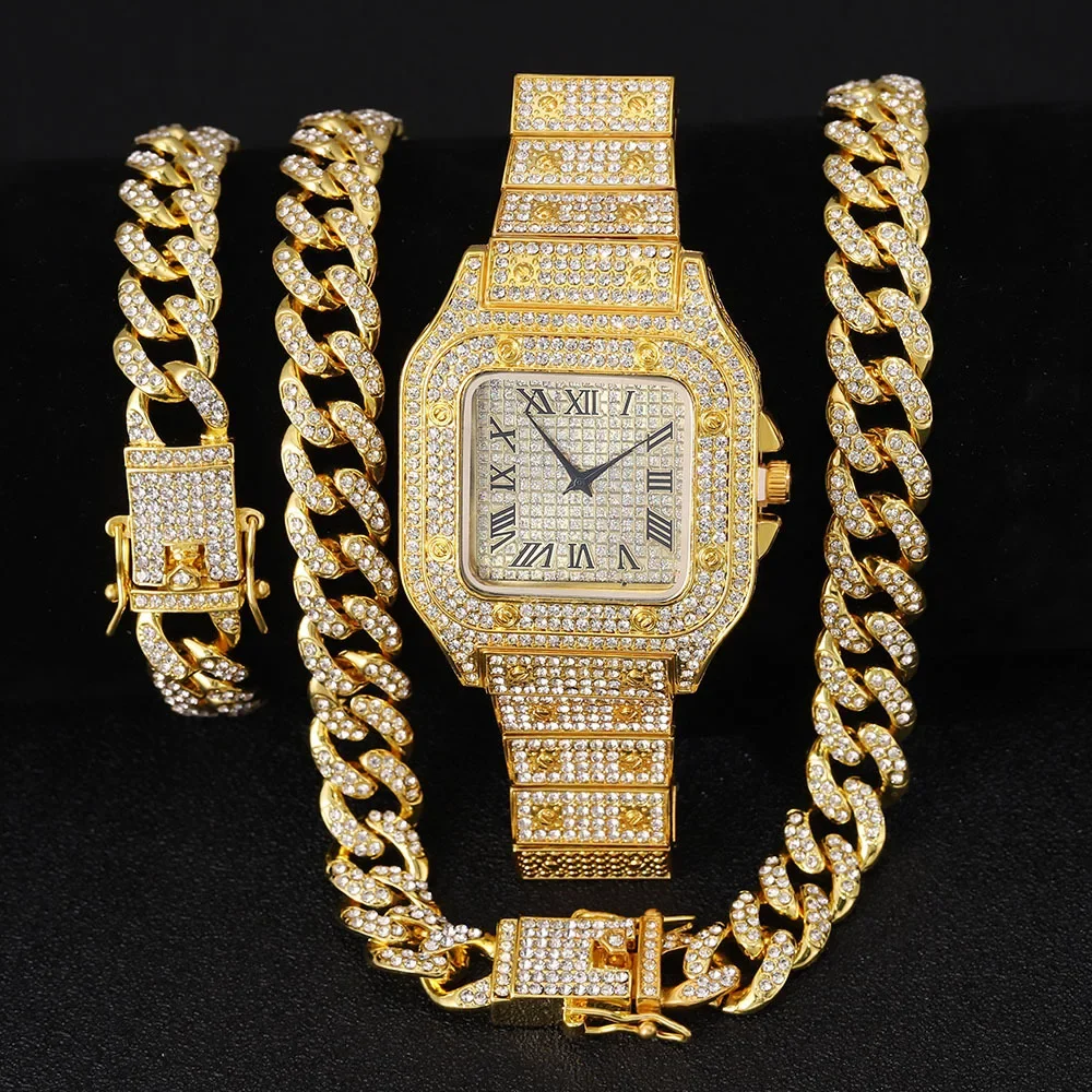 3pcs/set, Rhinestone Studded Men's Watch & Hip-hop Miami Cuban Chain Bracelet Necklace Set (with Watch Strap Adjuster)
3pcs/set, Rhinestone Studded Men's Watch & Hip-hop Miami Cuban Chain Bracelet Necklace Set (with Watch Strap Adjuster)