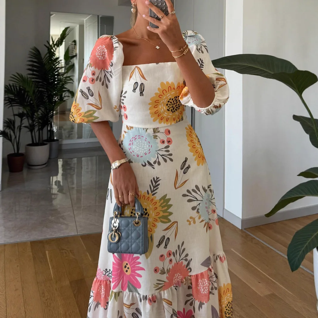 2026 New Womens Elegant Square Neck Puff Sleeve Floral Dress Bohemian Maxi Open Back Sundress Floral Print Summer Ladies Outfit
2026 New Womens Elegant Square Neck Puff Sleeve Floral Dress Bohemian Maxi Open Back Sundress Floral Print Summer Ladies Outfit