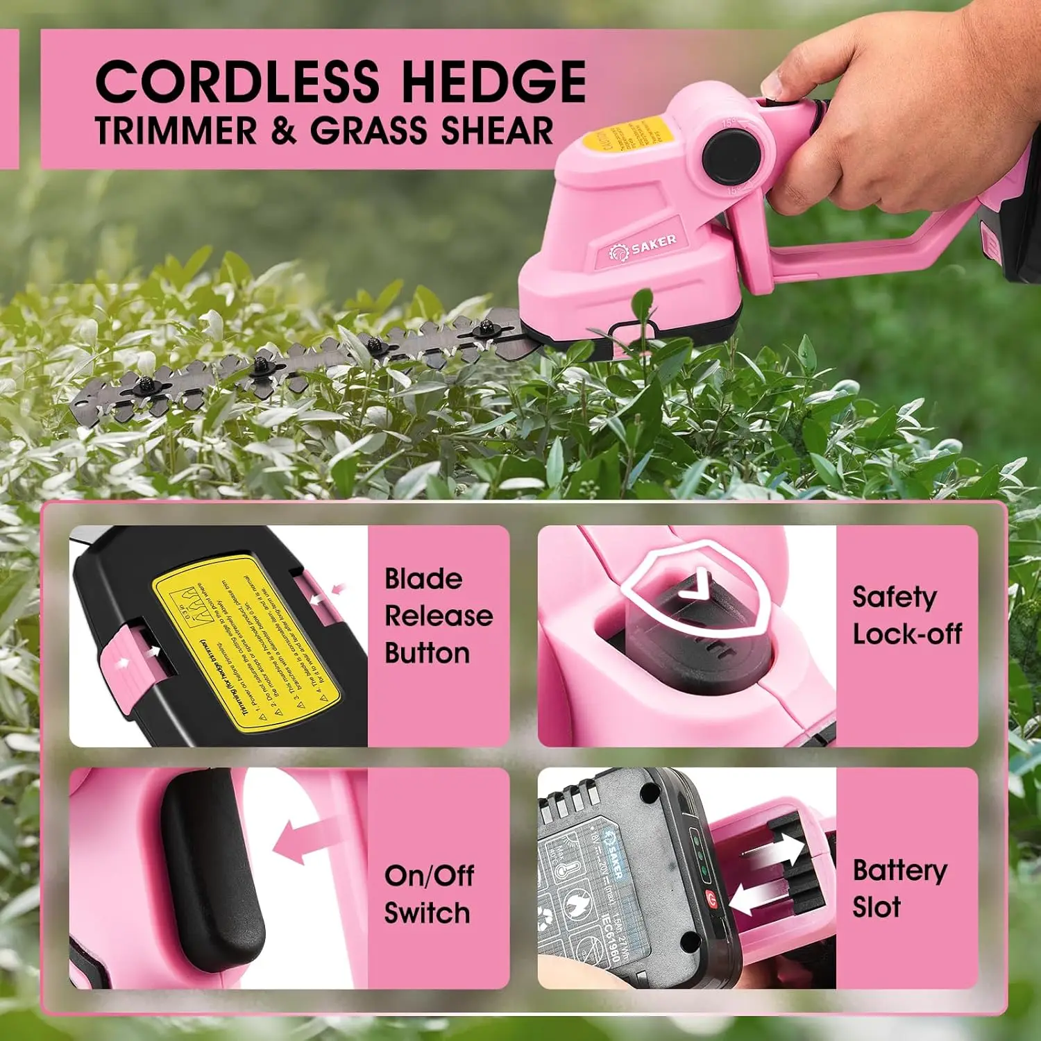 Cordless Hedge Trimmer-20V Electric Shrub Trimmer Grass Shears Handheld Grass Cutter, Hedge Shear with 2 PCS Rechargeable (Pink)
Cordless Hedge Trimmer-20V Electric Shrub Trimmer Grass Shears Handheld Grass Cutter, Hedge Shear with 2 PCS Rechargeable (Pink)