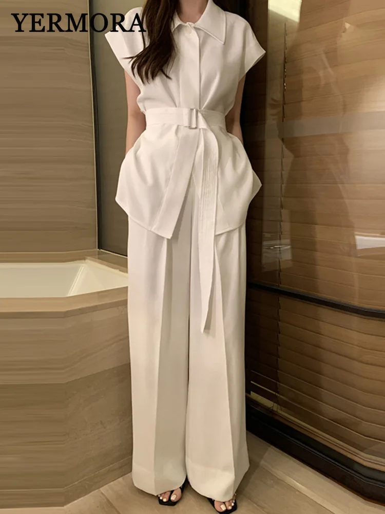 YERMORA Women White Belted Casual Blouse Lapel Sleeveless Two Pieces Set High Waist Wide Leg Pants Fashion Spring Summer 2025
YERMORA Women White Belted Casual Blouse Lapel Sleeveless Two Pieces Set High Waist Wide Leg Pants Fashion Spring Summer 2025