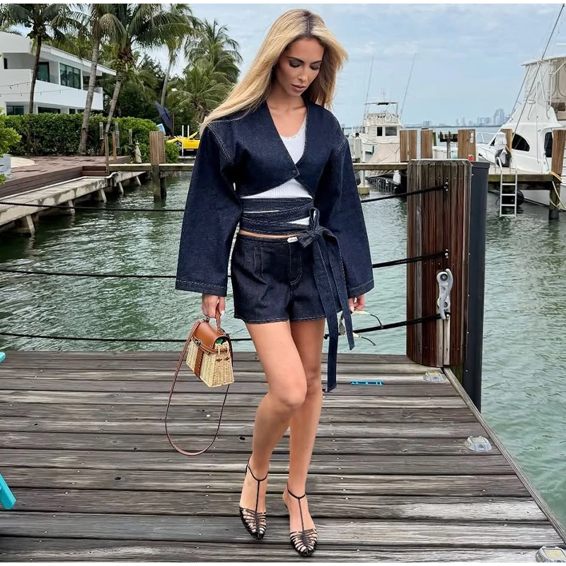 Fashion Denim Two-Piece Outfit Women's V-neck Lace Up Button Cropped Jacket Slit Wide Leg Pants 2026 New Lady Casual Streetwear 30 S1782ef4fb3f247c59dc64bd02051cd03j