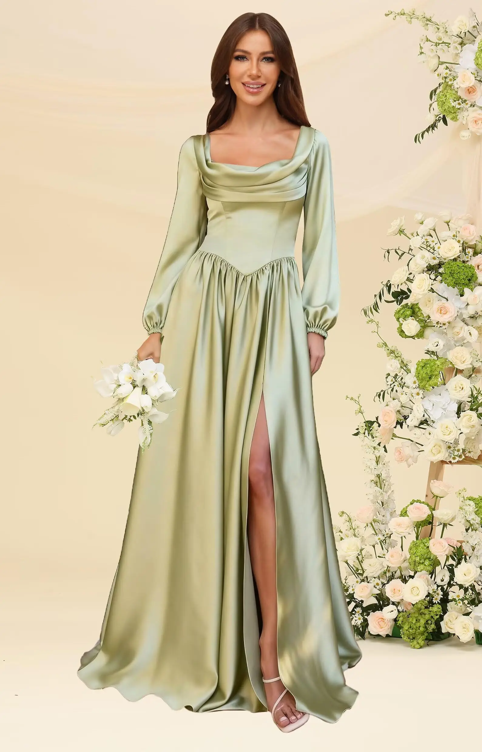 Long Sleeve Bridesmaid Dresses for Women Pleated Satin Cowl Neck A Line Formal Evening Gowns with Slit
Long Sleeve Bridesmaid Dresses for Women Pleated Satin Cowl Neck A Line Formal Evening Gowns with Slit