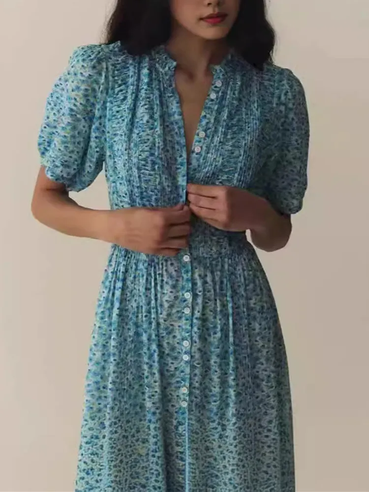 Floral Print Women Puff Sleeve Mid-Length Dress Summer New 2024 Pleated Ruffles Single Breasted A-Line Vintage Robe for Lady
Floral Print Women Puff Sleeve Mid-Length Dress Summer New 2024 Pleated Ruffles Single Breasted A-Line Vintage Robe for Lady