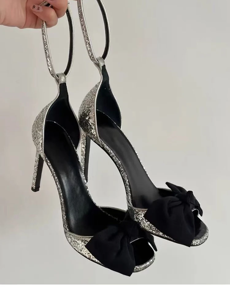 Silver Glitter Open Toe Sandals Bow Decor Ankle Buckle Straps Stiletto Heels Cover Heel Hollow Summer Women Sexy Dress Shoes
Silver Glitter Open Toe Sandals Bow Decor Ankle Buckle Straps Stiletto Heels Cover Heel Hollow Summer Women Sexy Dress Shoes