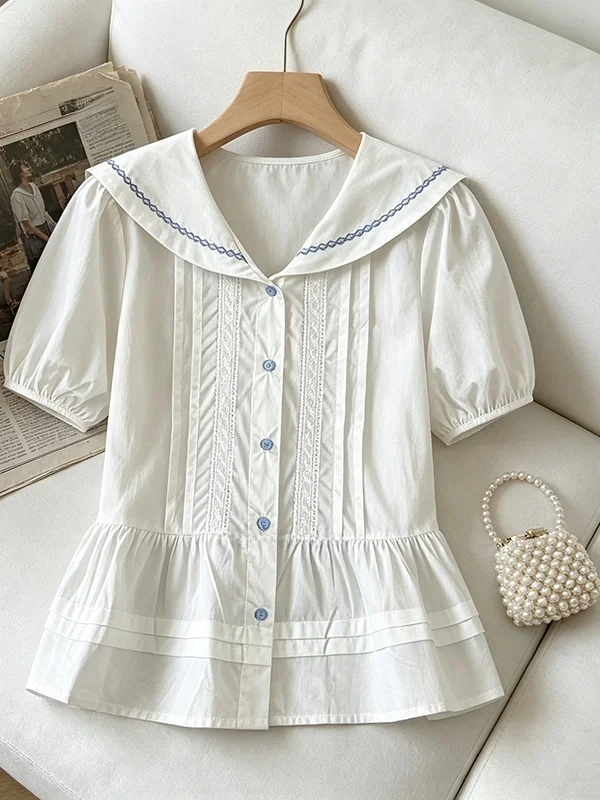 Loose Women's Bubble Sleeve Shirt Naval Collar Short Sleeve Pleated Hem Style plus Size Top Korean Style Commute Wind
Loose Women's Bubble Sleeve Shirt Naval Collar Short Sleeve Pleated Hem Style plus Size Top Korean Style Commute Wind