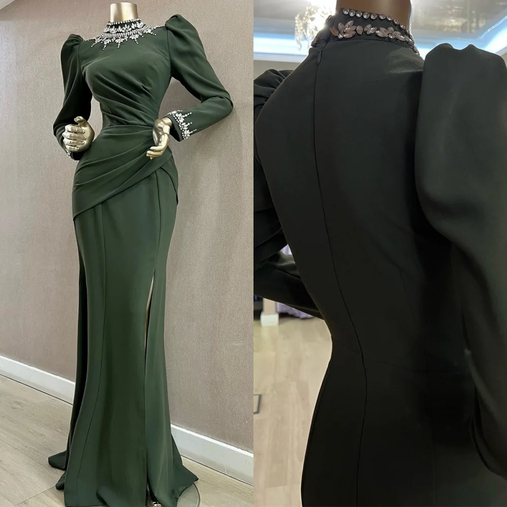 Customized Fashion Dark Green Jersey Evening Dress Delicate High Neckline Long Sleeves Zipper Back Crystal Homecoming Dress
Customized Fashion Dark Green Jersey Evening Dress Delicate High Neckline Long Sleeves Zipper Back Crystal Homecoming Dress