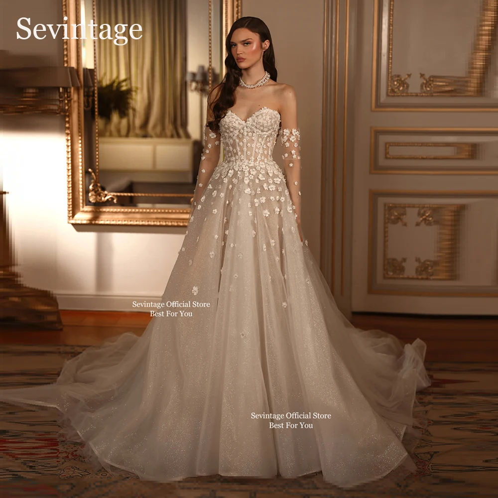 Sevintage Exquiste Flowers Wedding Dresses Glitter Sweetheart Long Bridal Gowns A-Line Sleeveless Bride Dresses 2025 Customized
Sevintage Exquiste Flowers Wedding Dresses Glitter Sweetheart Long Bridal Gowns A-Line Sleeveless Bride Dresses 2025 Customized