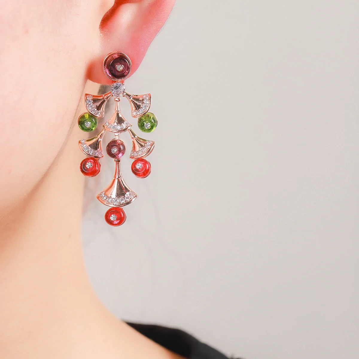 Rose Gold Tone Multi-Color Gemstone Fan-Shaped Drop Earrings with CZ Accents, Women's Statement Fashion Jewelry
Rose Gold Tone Multi-Color Gemstone Fan-Shaped Drop Earrings with CZ Accents, Women's Statement Fashion Jewelry
