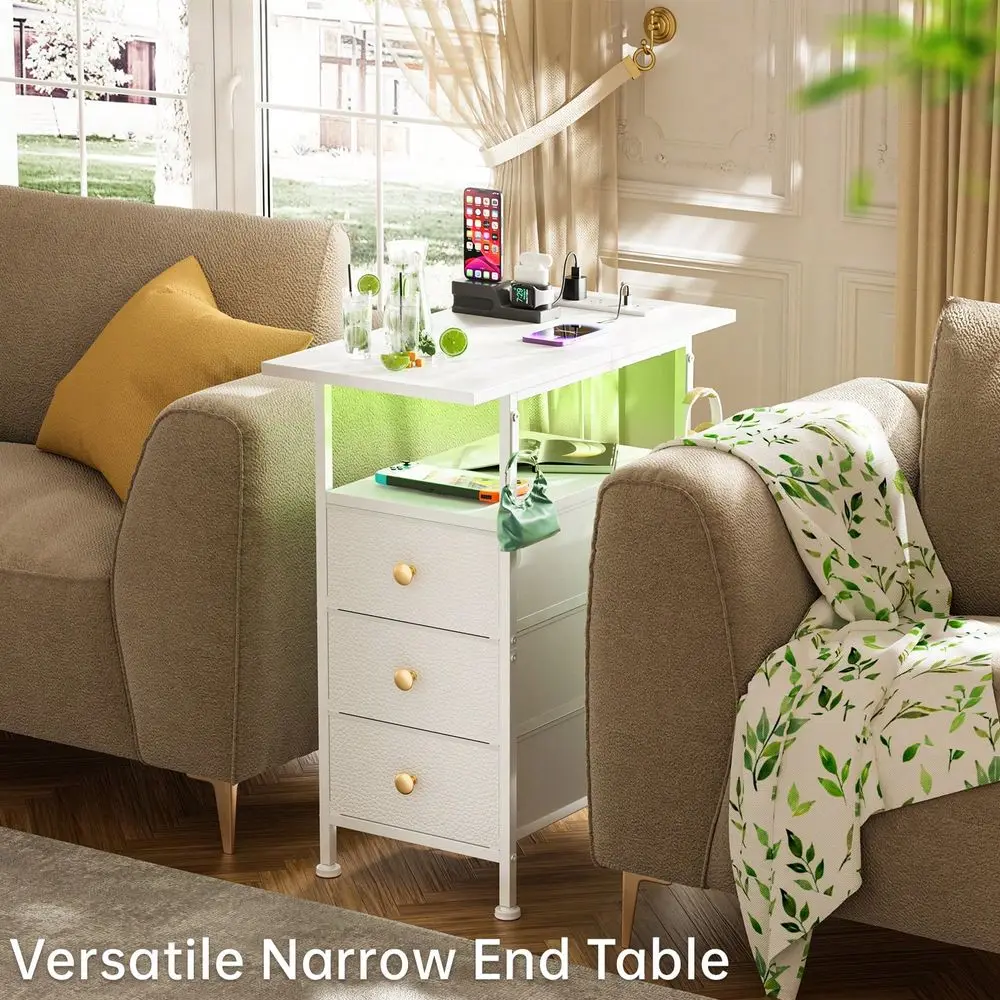 End Table With Charging Station, Narrow Side Table With 3 Fabric Drawers And Shelf, Skinny Nightstand With LED Light, Slim Beds
End Table With Charging Station, Narrow Side Table With 3 Fabric Drawers And Shelf, Skinny Nightstand With LED Light, Slim Beds