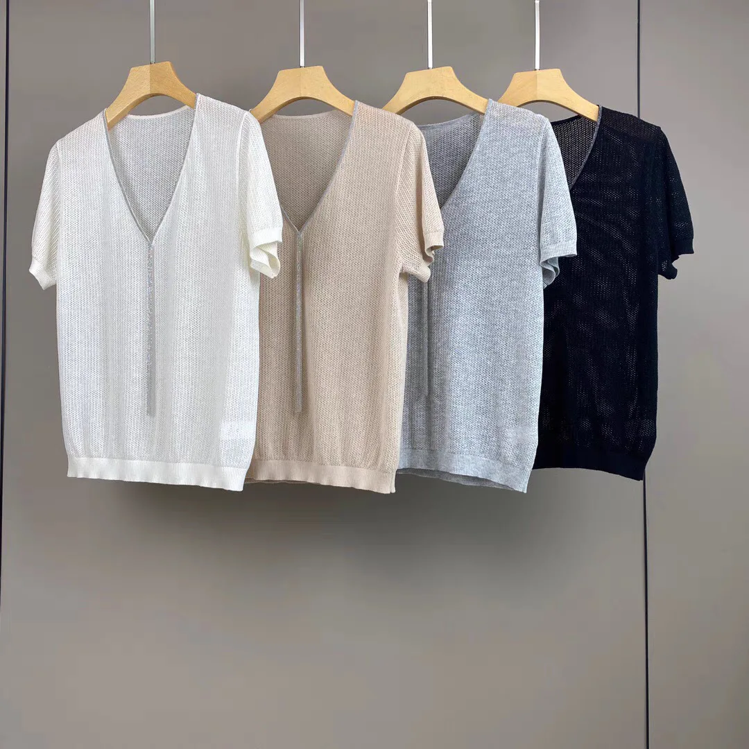 Women Beaded Chain T-Shirt V-Neck Short Sleeve Solid Color Fashion Female Knitted Tee Tops
Women Beaded Chain T-Shirt V-Neck Short Sleeve Solid Color Fashion Female Knitted Tee Tops