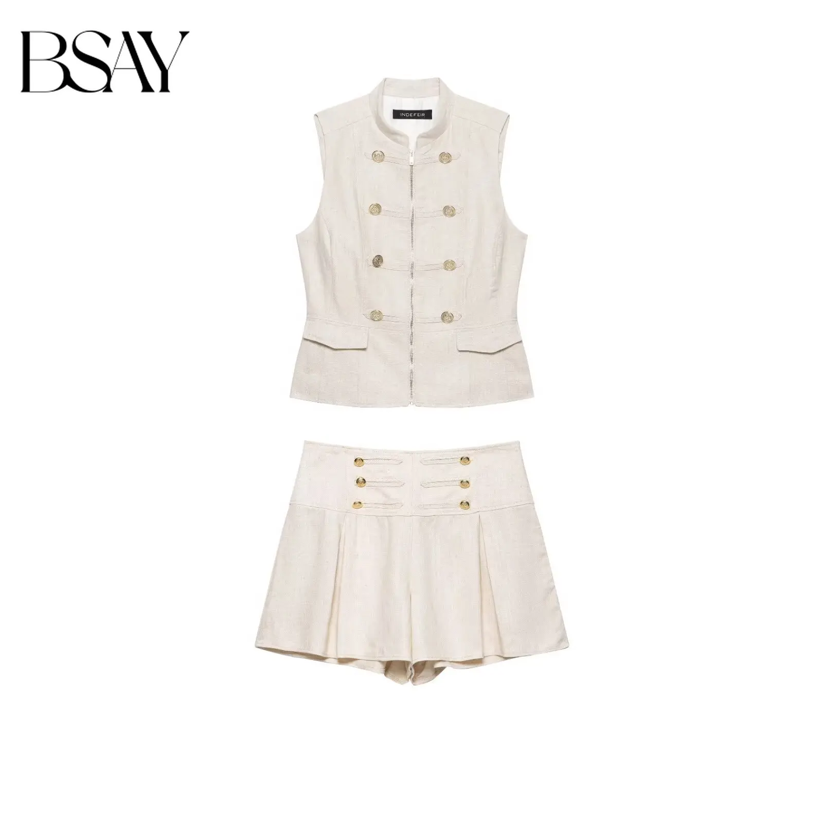 BSAY Women New Beige Mandarin Collar Sleeveless Double Breasted Metal Button Vest + High Waist Pleated Shorts 2 Piece Outfit Set
BSAY Women New Beige Mandarin Collar Sleeveless Double Breasted Metal Button Vest + High Waist Pleated Shorts 2 Piece Outfit Set
