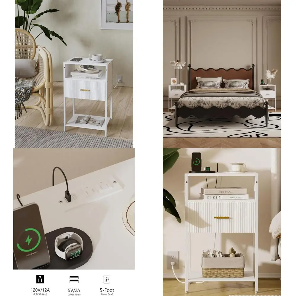 Charging Station Nightstand in White, Fluted Drawer Table, Contemporary Shelved Bedside Stand for Living Spaces and Bedrooms
Charging Station Nightstand in White, Fluted Drawer Table, Contemporary Shelved Bedside Stand for Living Spaces and Bedrooms