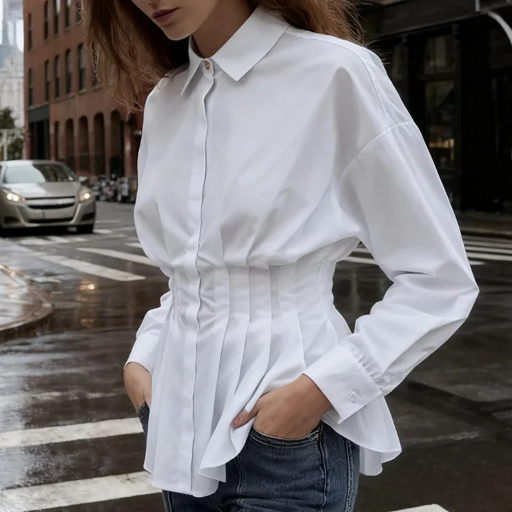 White 100% Cotton Blouse Shirt For Women Tops Long-sleeved A Fitted Waist Pleated Design Casual Office ladies Blouses Shirts
White 100% Cotton Blouse Shirt For Women Tops Long-sleeved A Fitted Waist Pleated Design Casual Office ladies Blouses Shirts