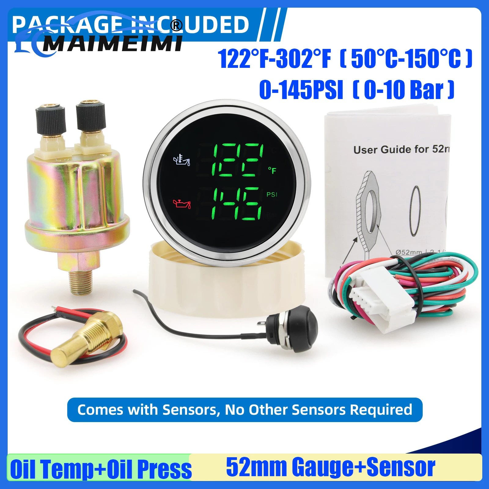MAIMEIMI Auto Car Digital Dual 52mm Gauge Oil Temperature+Oil Pressure Meter with Alarm Sensor 50-150℃,0-10BAR Red,Green LED
MAIMEIMI Auto Car Digital Dual 52mm Gauge Oil Temperature+Oil Pressure Meter with Alarm Sensor 50-150℃,0-10BAR Red,Green LED