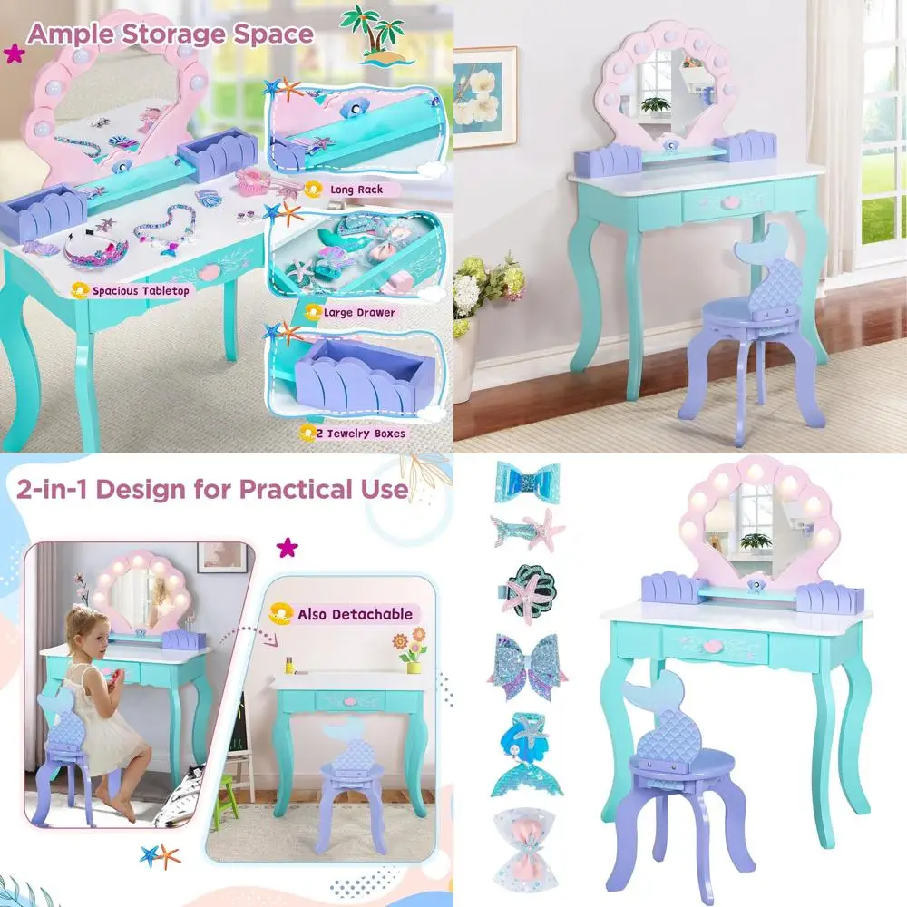 Ocean-Themed Wooden Princess Vanity Set with Lighted Mirror and Stool for Kids Pretend Play
Ocean-Themed Wooden Princess Vanity Set with Lighted Mirror and Stool for Kids Pretend Play