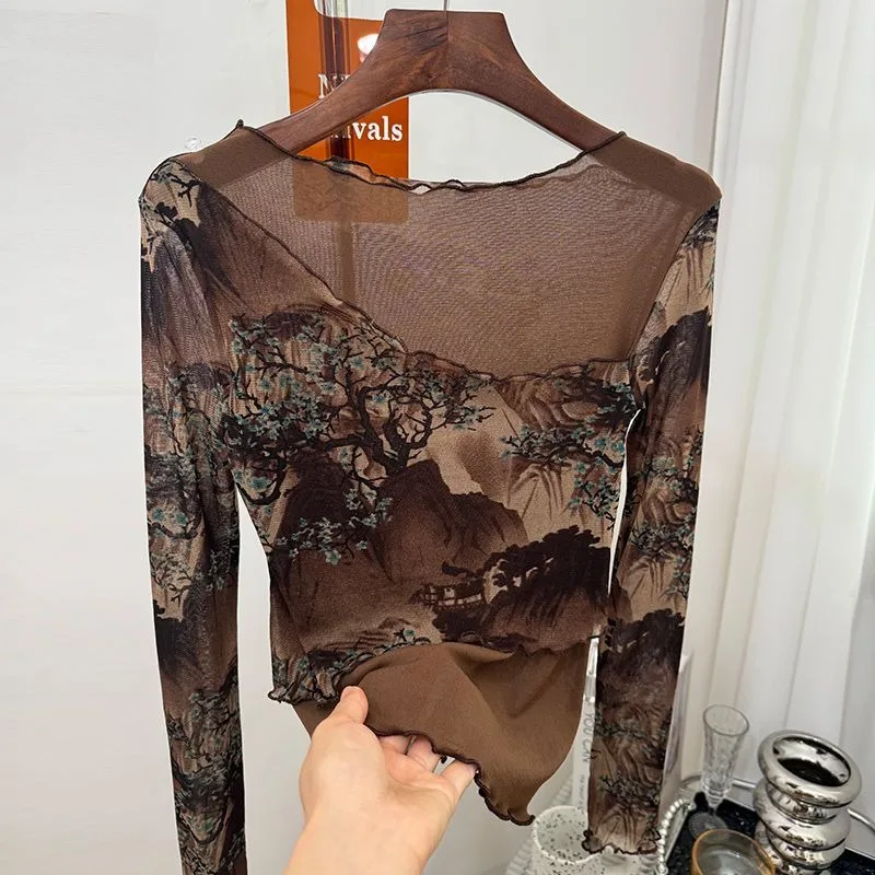 Retro Printed One-shoulder Mesh Base Shirt Women Slimming Black Ear Trim Patchwork Spring Autumn Innerwear Stylish Mini Shirt
Retro Printed One-shoulder Mesh Base Shirt Women Slimming Black Ear Trim Patchwork Spring Autumn Innerwear Stylish Mini Shirt