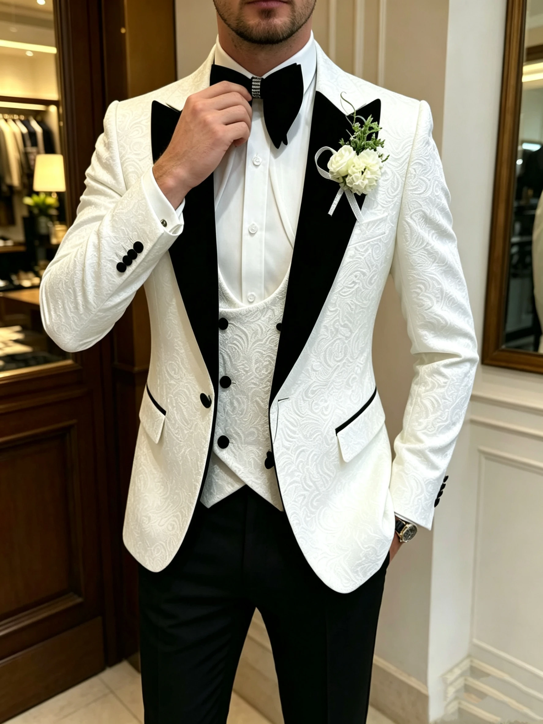 New 3 Piece Ivory Jacquard Men Wedding Suits Peak Lapel Blazer Vest Pants Slim Fit Business Suits Costume Homme For Party Prom
New 3 Piece Ivory Jacquard Men Wedding Suits Peak Lapel Blazer Vest Pants Slim Fit Business Suits Costume Homme For Party Prom