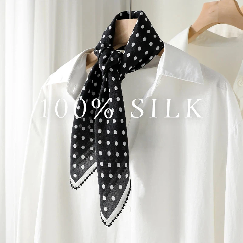 100% Silk scarf women vintage elegant black white polka dot print square scarf ladies neckerchief spring summer accessory
100% Silk scarf women vintage elegant black white polka dot print square scarf ladies neckerchief spring summer accessory