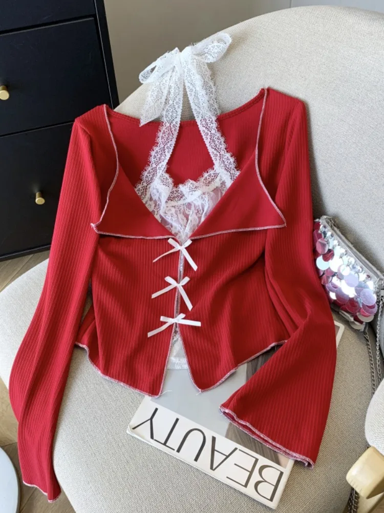 Lace Fake Two-piece Color Blocked Shirt Sexy Hanging Neck Hollow Out Bow Top Fashionable Versatile Spring Autumn Top 2025 New
Lace Fake Two-piece Color Blocked Shirt Sexy Hanging Neck Hollow Out Bow Top Fashionable Versatile Spring Autumn Top 2025 New