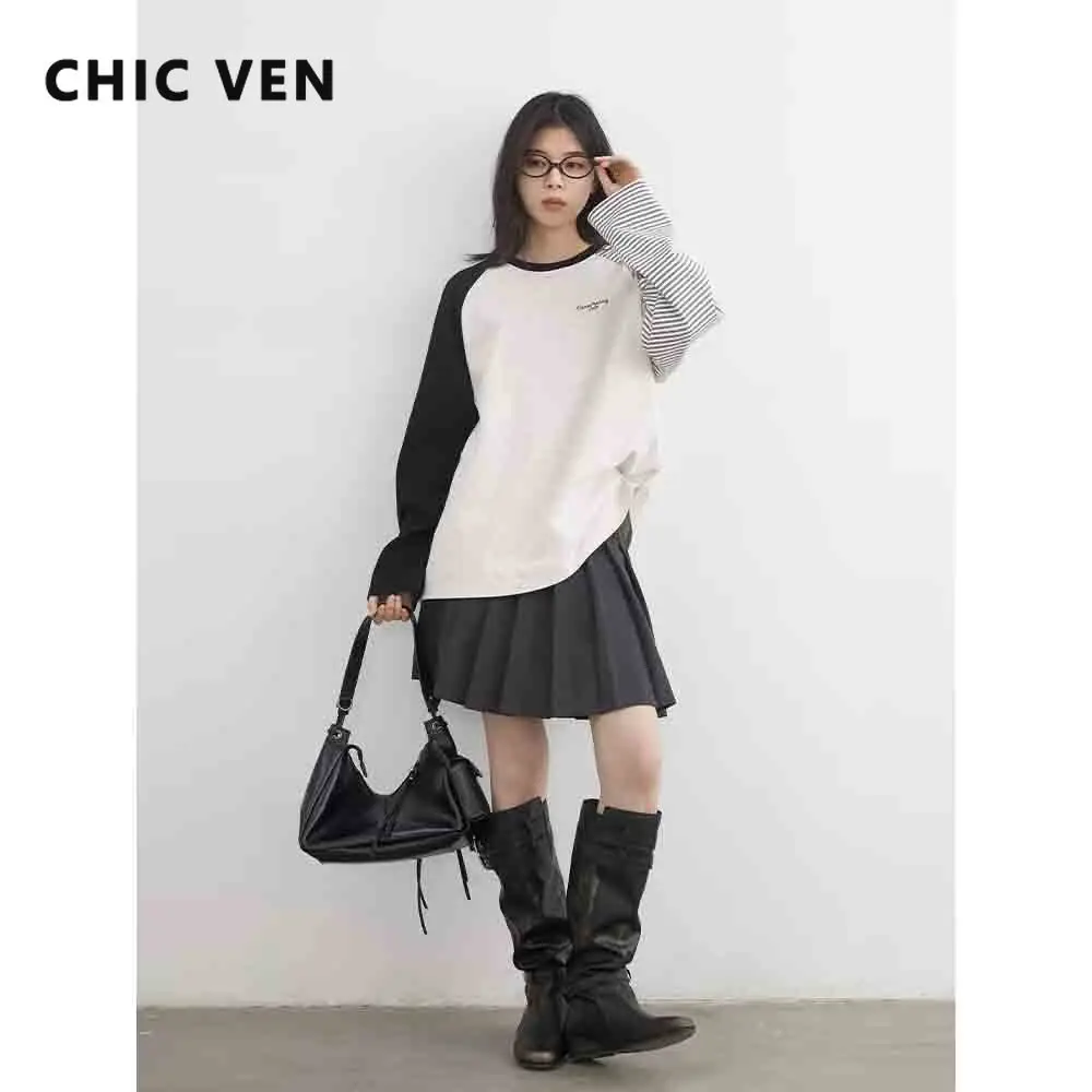 CHIC VEN Women T-Shirts Korean Contrast Splicing Design Casual Loose O-Neck Pullovers Fashion Lady Clothes Autumn Winter 2026
CHIC VEN Women T-Shirts Korean Contrast Splicing Design Casual Loose O-Neck Pullovers Fashion Lady Clothes Autumn Winter 2026