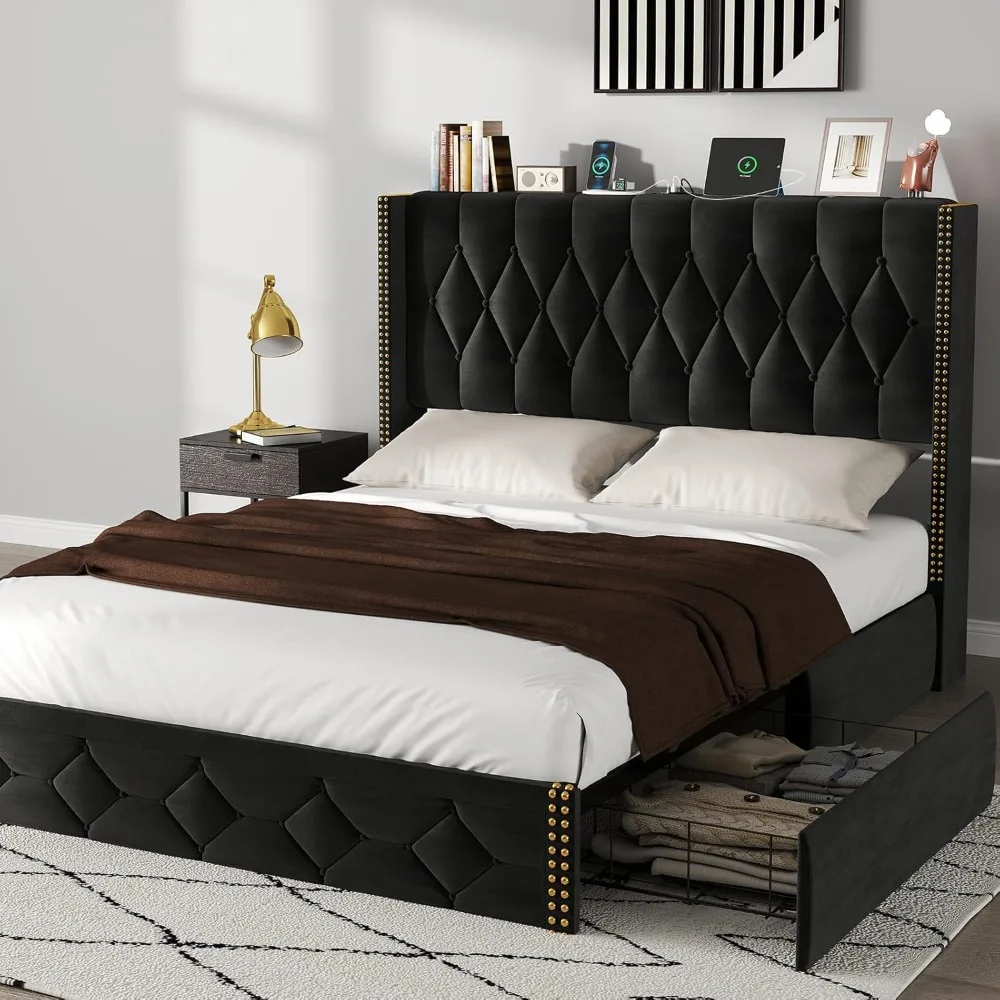 Full Size Bed Frame with 2 Storage Drawers and Wingback Headboard, Velvet Upholstered Platform Bed Frame with Charging Station,
Full Size Bed Frame with 2 Storage Drawers and Wingback Headboard, Velvet Upholstered Platform Bed Frame with Charging Station,